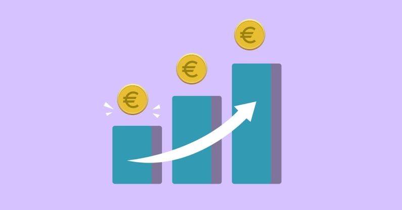 Salary Increase - Vector illustration of income growth chart with arrow and euro coins against purple background